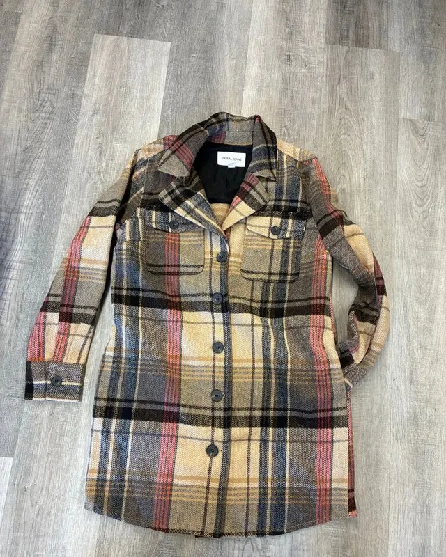 Tribal Jeans plaid shirt jacket on a hanger