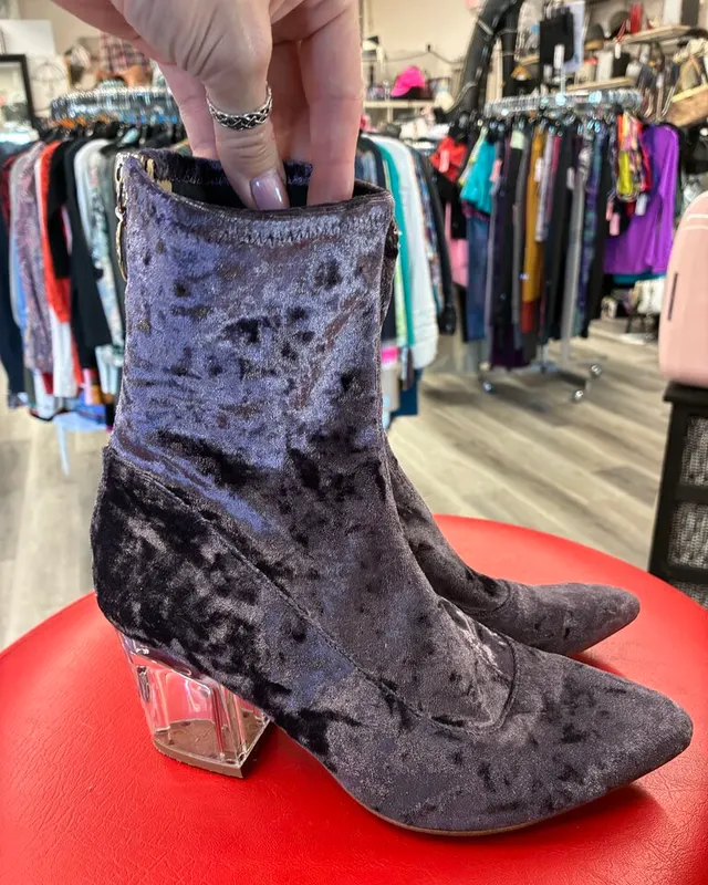Blue crushed velvet ankle boots with a clear block heel
